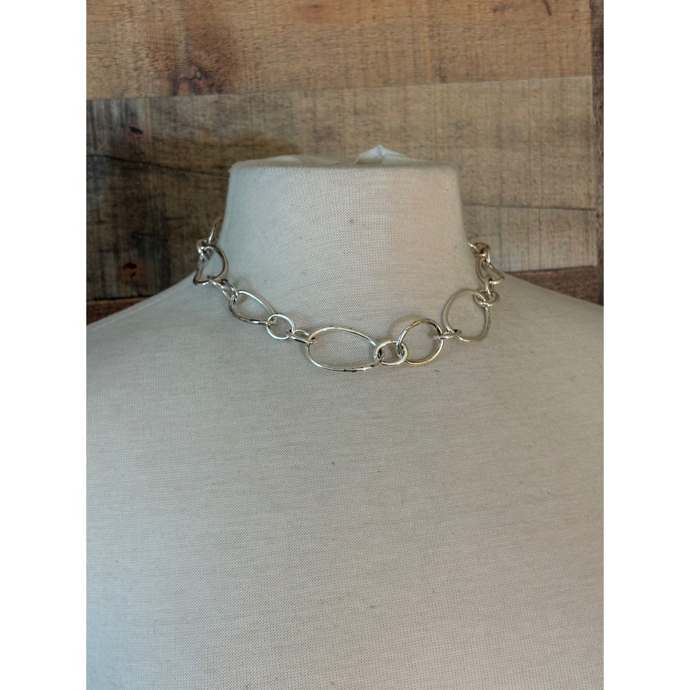 Chicos Silver Tone Hammered Link Necklace Adjustable Oval Round